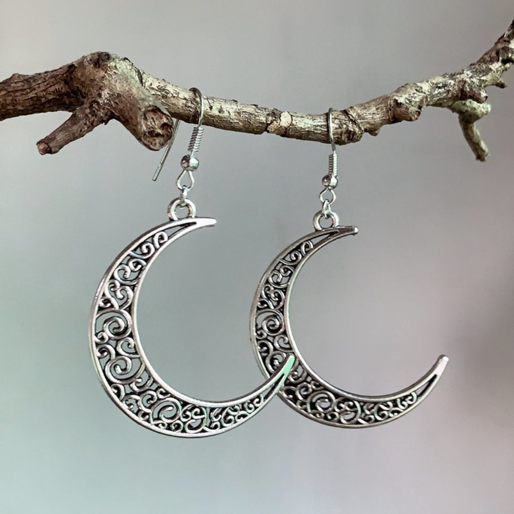 💞925 Silver Plated Trendy Ethnic Moon Drop Earrings, MLNN1147 - Picture 2 of 4
